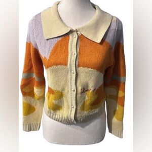 House of Sunny Scenery Knit Sweater Designer Pattern Cardigan Multi Color Small